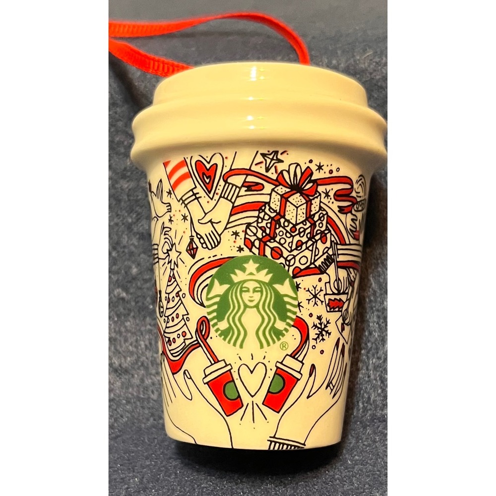 Starbucks 2017 Holiday Ceramic Coffee Cup Ornament Doodle Art Siren Logo Cream